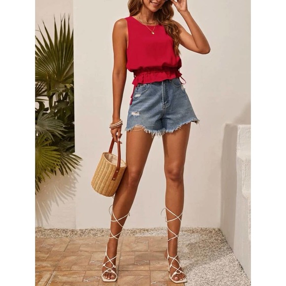 Red Drawstring Waist Ruffle Hem Top - Picture 2 of 6